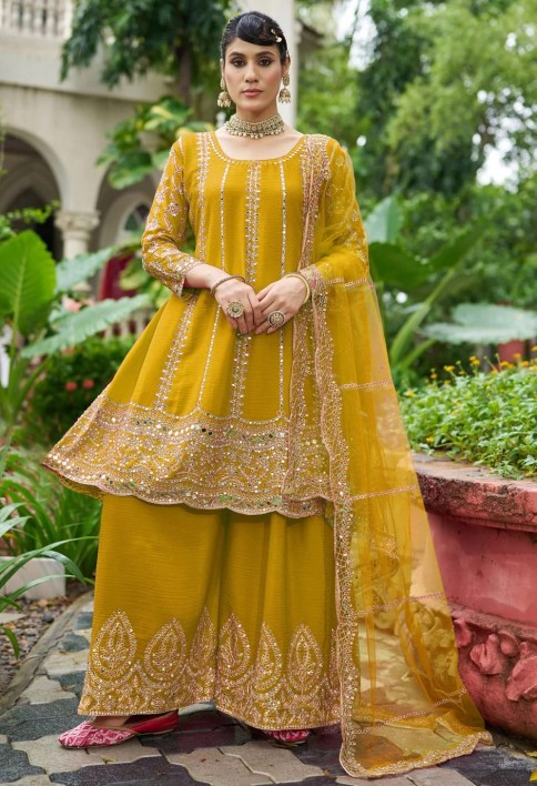 Embroidered and Mirror Work Chinon Salwar Suit In Yellow for Ceremonial